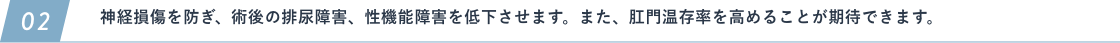 神経損傷を防ぎ、術後の排尿障害、性機能障害を低下させます。また、肛門温存率を高めることが期待できます。